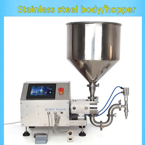 No Fuss Solid Build Single Head Stainless Steel Liquid And Paste Filling Machine featuring digital LCD screen and large stainless steel hopper.