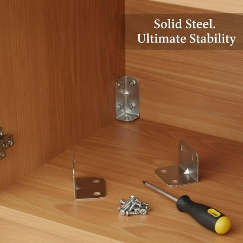 L Shaped Steel Corner Brackets For Cabinets Chairs And Shelves 10 Pack With Screws in wooden cabinet corner with screwdriver