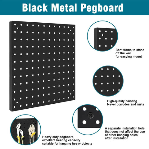 Heavy Duty Steel Pegboard Panels Pack Of 4 12x12 Inches Black for garage tool storage, office organization, and craft room setup.