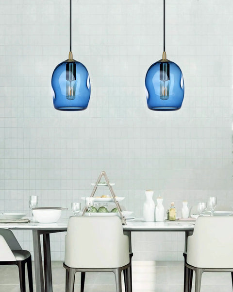 Dope Capri Blue Glass Pendant Lights Hand Blown Organic Globe With Gold Accents For Kitchen Island Ceiling Fixtures 8 Inch Height Set Of 2 Easy Install ETL Certified