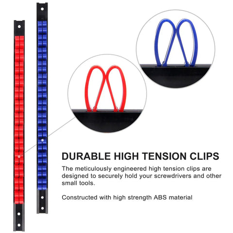 Wall Mount Screwdriver And Wrench Organizer Rack With Clips Hand Tool Holder For Pliers Extensions Ratchets And Small Tools All In One Grab And Go Easy Access Garage Drawer Space Saver with durable red and blue high tension clips.