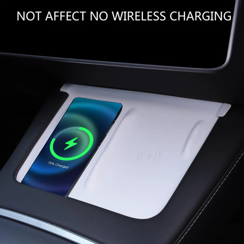 Close-up of white Tesla Center Console 3 Piece Upgrade Kit for Model Y 2021-2024 and Model 3 2021-2023 silicone wireless charger mat