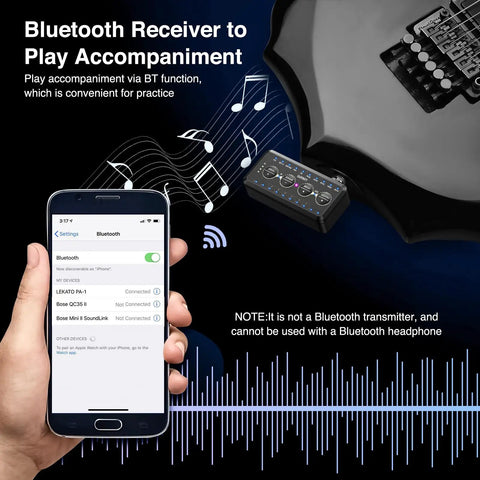 Bluetooth receiver feature of Compact Guitar Headphone Amp With Multi Effects, IR Loader, Tuner, And Rechargeable Battery