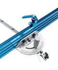 Killer Table Saw Miter Gauge System Featuring Twenty Seven Angle Stops And Beefy T Slotted Miter Bar With Removable Plate Plus Twenty Four Inch Multi Track Fence Jig Kit For Building, blue aluminum miter gauge with angle stops.