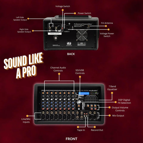 Front and back view of 8 Channel 4500W Digital DJ Mixer With Built In Amplifier 7 Band EQ 16 DSP FX Phantom 48V USB SD Bluetooth FM XLR
