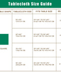 Tablecloth size guide showing various square tablecloth dimensions with fit and seating capacity details.