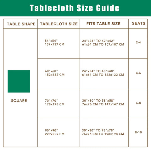 Tablecloth size guide showing various square tablecloth dimensions with fit and seating capacity details.