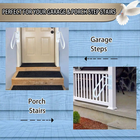 A Straight Up Rock Solid Wall Mounted Handrail Grab Bar For Indoor And Outdoor Steps featuring white steel railing on garage and porch steps.