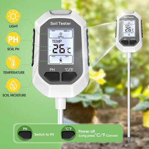 4 In 1 Soil Moisture Meter With Digital Temperature, PH Test And Sunlight Intensity, Backlit LCD Display showing temperature reading