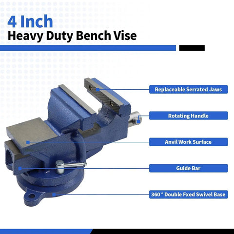 Heavy Duty 4 Inch Bench Vise With Ductile Cast Iron Construction And Chrome Plated Spindle 360 Degree Swivel Locking Base