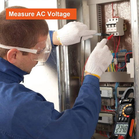 Technician using True RMS 6000 Counts Digital Clamp Meter Multimeter Auto Ranging Pro Grade Amp Meter Built In HD Screen Portable