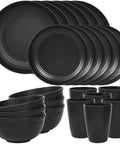 Unbreakable 24 Piece Dinnerware Set For Six With Plates Bowls And Cups, black set ideal for dorm and camping, kid friendly.