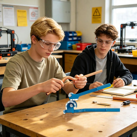 Two students using Real Deal Manual Tube Bender For Copper And Steel Pipes, bending copper pipes in a classroom.