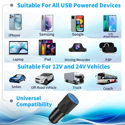 MFi Certified USB C Car Charger Fast Charge Kit 2 Pack 4.8A Cigarette Lighter Adapter compatibility chart with devices and vehicles.