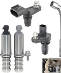 VVT Intake And Exhaust Camshaft Position Actuator Kit With Cam And Crankshaft Sensors For 2.0L 2.2L 2.4L GM Cars Including Equinox Malibu Cobalt HHR Aura Terrain Verano G6 Pontiac Saturn, shown with sensors and socket tool