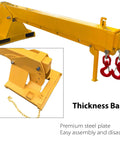 Heavy Hitter 6600Lb Telescopic Forklift Boom Attachment with dual hooks, yellow steel structure, showing thickness base and assembly features.