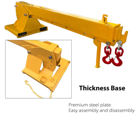Heavy Duty Telescopic Forklift Boom Extension with steel base and dual hooks, adjustable from seven to twelve feet.