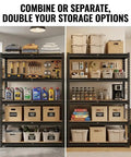 Heavy Duty 5 Tier Bolt Free Storage Shelving Rack 2 Pack Quick Snap Metal Shelves showing organized garage and home office storage.