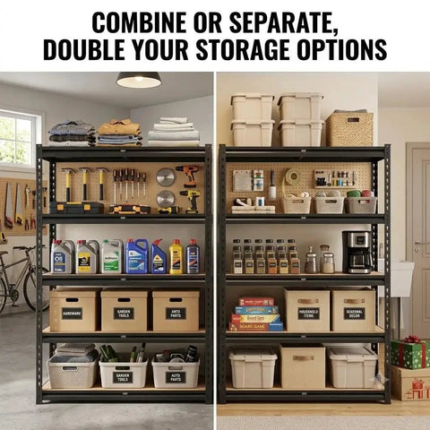 Heavy Duty 5 Tier Bolt Free Storage Shelving Rack 2 Pack Quick Snap Metal Shelves showing organized garage and home office storage.