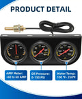 Dope 2 Inch 52mm Triple Gauge Kit For Car Dash Mount with oil pressure, water temp, ammeter; black housing; front view