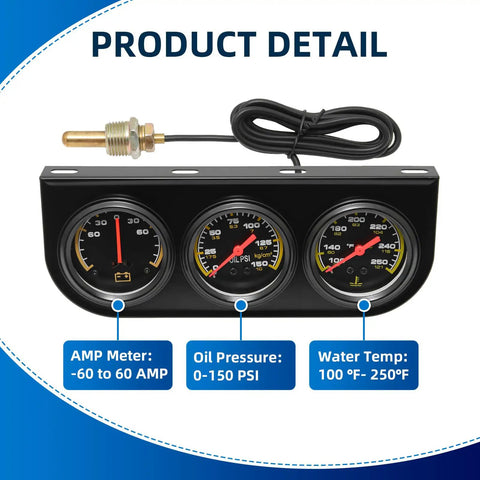 Dope 2 Inch 52mm Triple Gauge Kit For Car Dash Mount with oil pressure, water temp, ammeter; black housing; front view