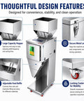 Smooth Operator Automatic Bag Weighing And Packing Filler With Dual Vibration Feed and Foot Pedal Switch, showcasing large hopper and secure latches.