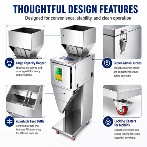 Smooth Operator Automatic Bag Weighing And Packing Filler With Dual Vibration Feed and Foot Pedal Switch, showcasing large hopper and secure latches.