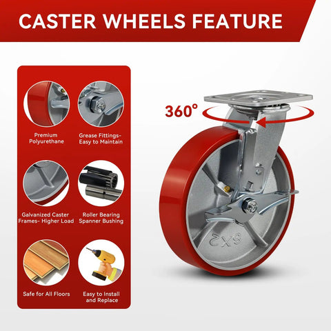 Heavy Duty Eight By Two Inch Industrial Casters Polyurethane And Steel Wheels Six Thousand Pound Capacity Built Tough For Shop Carts And Utility Dollies Rolls Easy No Sweat Swivel Lock Brakes Pack Of Four featuring 360 swivel design.