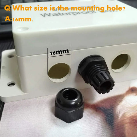 Rugged Weatherproof ABS Junction Box With Hinged Clear Grey Cover IP67 Waterproof Electrical Enclosure, 16mm hole detail.
