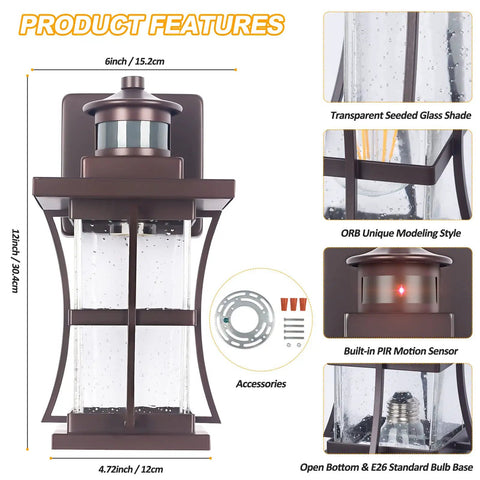 Two Pack Motion Sensor Outdoor Lights Dusk To Dawn Oil Rubbed Bronze Porch Lights Outdoor Wall Sconce with glass shade and E26 socket