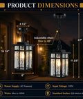 Top Shelf Black Outdoor Pendant Light For Porch With Water Ripple Glass Panels And Sleek Square Metal Frame Weatherproof Exterior Hanging Lantern Real Deal Farmhouse Glow Quick Setup dimensions showing height and width.