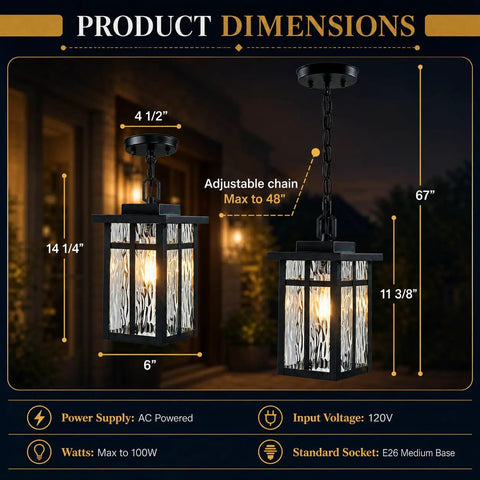 Top Shelf Black Outdoor Pendant Light For Porch With Water Ripple Glass Panels And Sleek Square Metal Frame Weatherproof Exterior Hanging Lantern Real Deal Farmhouse Glow Quick Setup dimensions showing height and width.