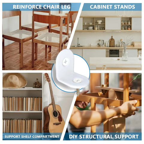 40 Small White L Brackets with 80 White Screws Set displayed in use for reinforcing chair legs, cabinets, and shelves.