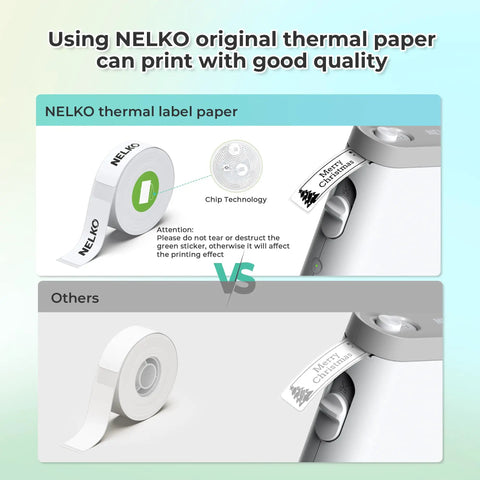 Super Slick Wireless Bluetooth Label Maker With Three Tape Rolls And Protective Case Ultra Compact Pocket Printer showing NELKO thermal label paper and comparison.