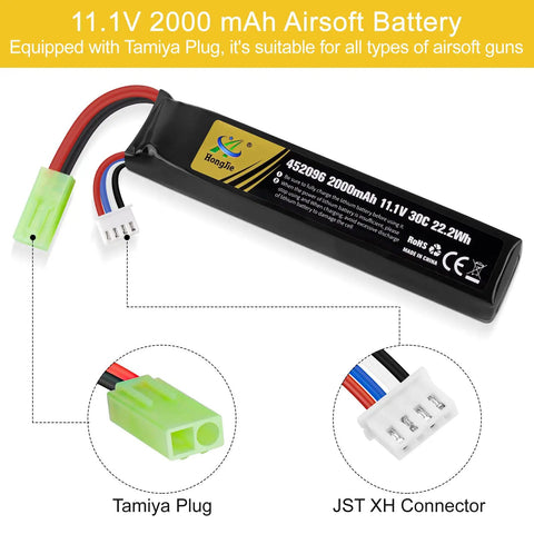 11.1V 2000mAh 30C LiPo Battery for Airsoft with Mini Tamiya and JST XH Connectors, rechargeable high discharge power pack