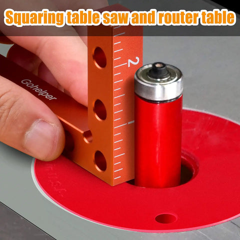 Mini Center Finder Tool 90 Degree Precision Machinist Square in use on router table, extended body, pencil marking holes