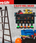 Cordless Drill Organizer Wall Mount Power Tool Storage Rack With Five Hanging Slots Wooden M003W1 on garage wall.