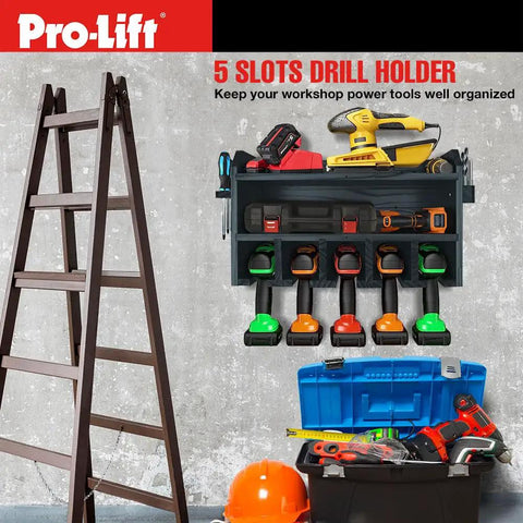 Cordless Drill Organizer Wall Mount Power Tool Storage Rack With Five Hanging Slots Wooden M003W1 on garage wall.