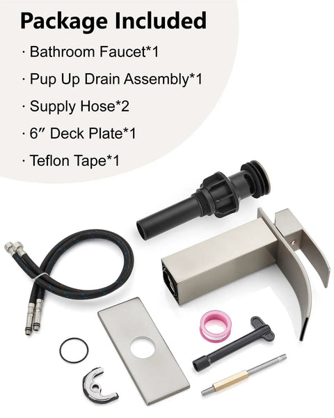 Package contents of Waterfall Bathroom Faucet In Brushed Nickel 1 Or 3 Hole Deck Mount SUS304 Stainless Steel Sink Tap.