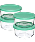 Four 2-cup glass storage containers with mint SnugFit lids. Two Cup Glass Storage Containers With Lids Set Of Four Mint Snugfit Lids Keeps Leftovers Fresh For Meal Prep Reusable Clear Glass Food Storage Odor Proof And Stain Proof Easy To Clean Microwave Safe Dishwasher Safe Kitchen Organizer.