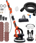 Premium Power Electric Drywall Sander with accessories, including sanding discs, hoses, and safety gear for efficient cleanup.
