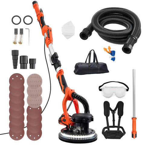 Premium Power Electric Drywall Sander with accessories, including sanding discs, hoses, and safety gear for efficient cleanup.