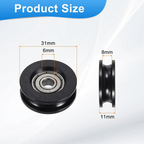 24 Pack Kickass Nylon U Groove Guide Bearings 6X11X31MM Black Plastic Linear Rollers dimensions 6mm ID, 11mm thick, 31mm OD.