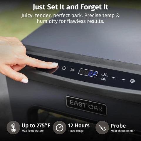 Close-up of control panel on 30 Inch Electric Smoker For Outdoors With Built In Meat Probe And Clear Viewing Window.
