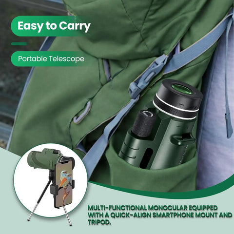 80x100 High Powered Monocular Telescope With Smartphone Adapter for adults in a backpack, portable for travel and adventures.