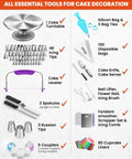 RFAQK aluminum cake decorating tools kit with 12in turntable, 48 icing tips, 3 Russian tips, 2 spatulas, bags