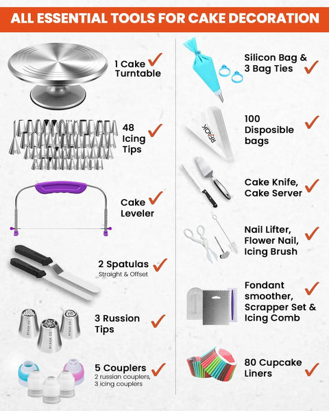 RFAQK aluminum cake decorating tools kit with 12in turntable, 48 icing tips, 3 Russian tips, 2 spatulas, bags