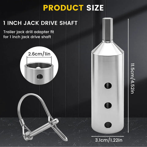 Heavy Duty Trailer Jack Drill Adapter With One Inch Drive Shaft Converts Your Cordless Drill Into An Automatic Lifter Built From Solid Stainless Steel. Product size showing measurements.