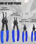 Four 45-degree bent pliers displayed with blue handles and various tip sizes shown, part of 14 Piece Snap Ring Pliers Set With Internal And External Retaining Rings Pliers Including 45 Degree And 90 Degree Bent And Straight Tips Plus Hook And Pick Tools Heavy Duty Removal Kit With Storage Case And Gloves.