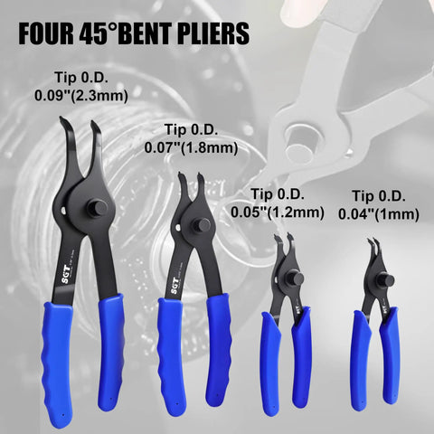 Four 45-degree bent pliers displayed with blue handles and various tip sizes shown, part of 14 Piece Snap Ring Pliers Set With Internal And External Retaining Rings Pliers Including 45 Degree And 90 Degree Bent And Straight Tips Plus Hook And Pick Tools Heavy Duty Removal Kit With Storage Case And Gloves.